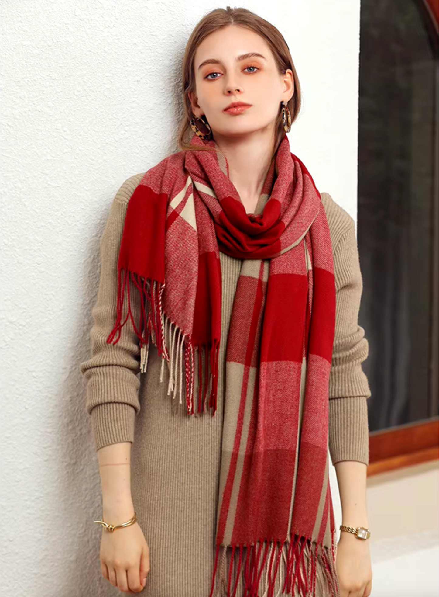 Cozy Plaid Fringe Trimmed Scarf