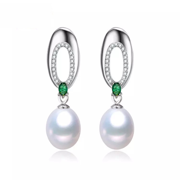 Cultured Pearl & Green Cubic Zirconia Round Drop Earrings