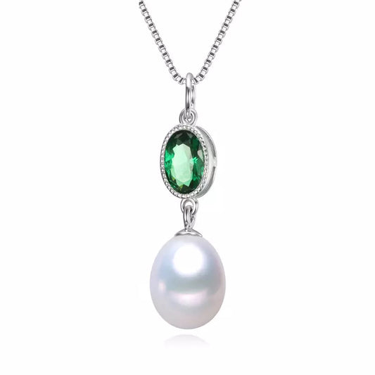 Cultured Pearl & Green Cubic Zirconia Pendant Necklace