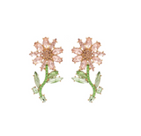 Green & Pink Crystal Flower Stud Earrings