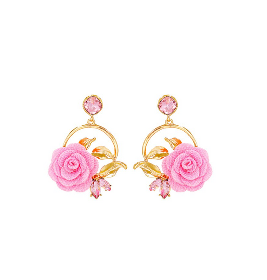 Goldtone & Pink Rose Floral Stud Earrings