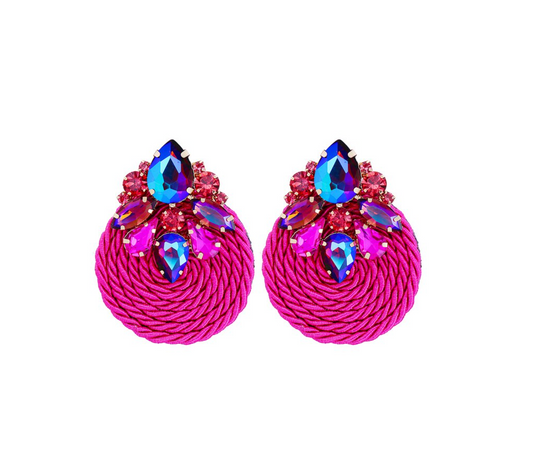 Pink Braided Circular & Blue Crystal Clustered Earrings