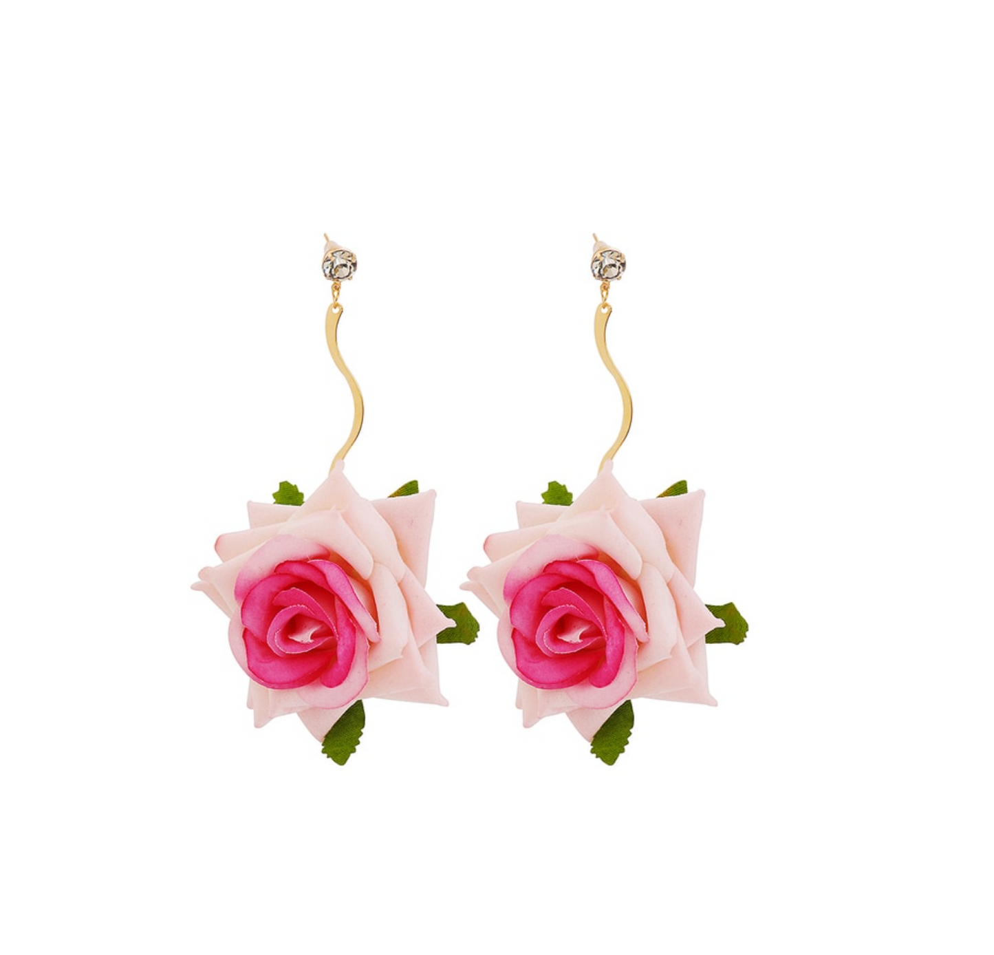 Pink Rose & Goldtone Squiggle Drop Earrings