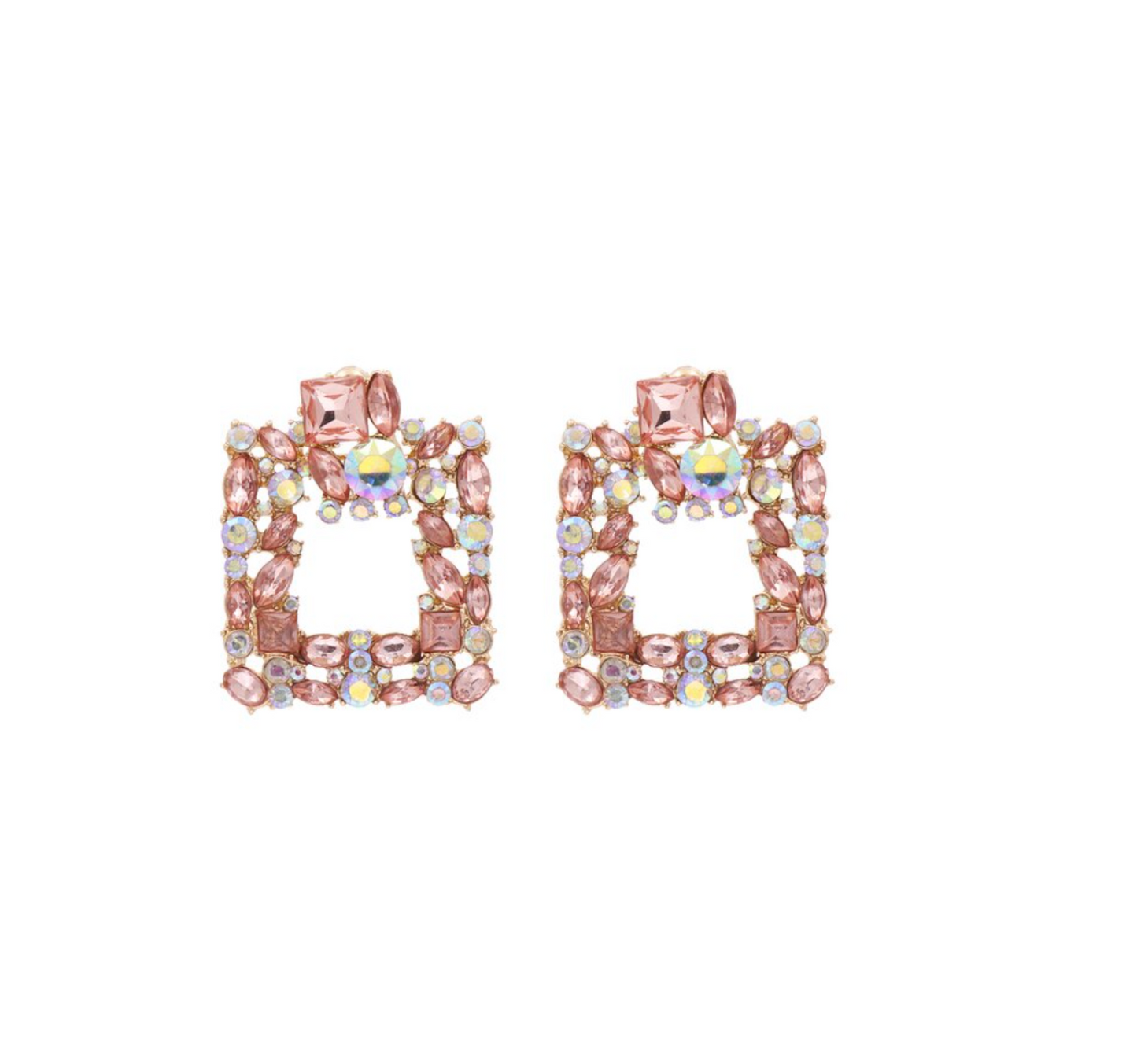 Pink & Iridescent Geometric Crystal Square Earrings