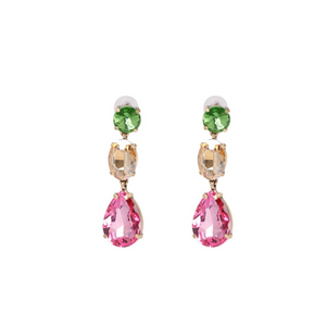 Green, Champagne & Pink Crystal Geometric Drop Earrings