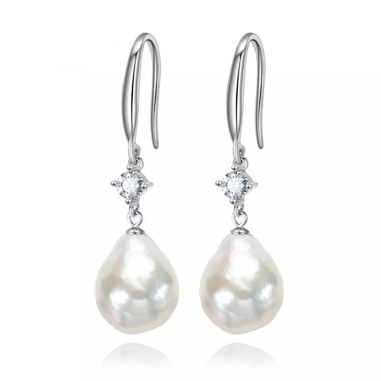 Cultured Pearl & Sterling Silver Cubic Zirconia-Accent Baroque Drop Earrings