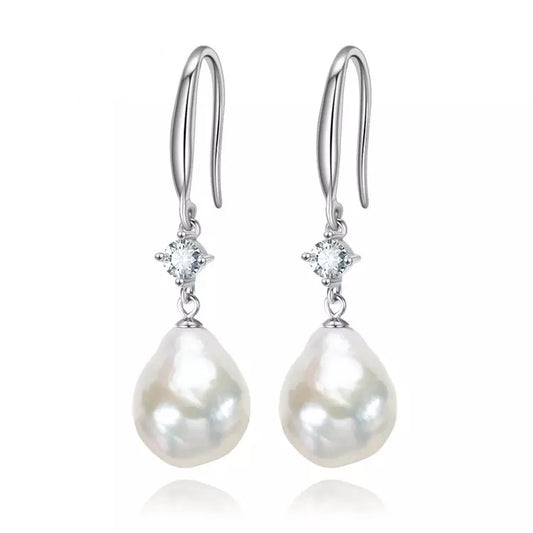 Cultured Pearl & Sterling Silver Cubic Zirconia-Accent Baroque Drop Earrings