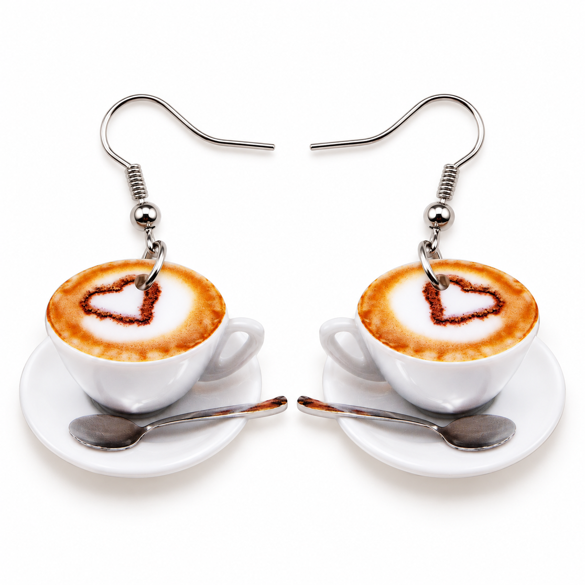 Coffee cup drop earrings with saucers and silver-tone hooks, pair view