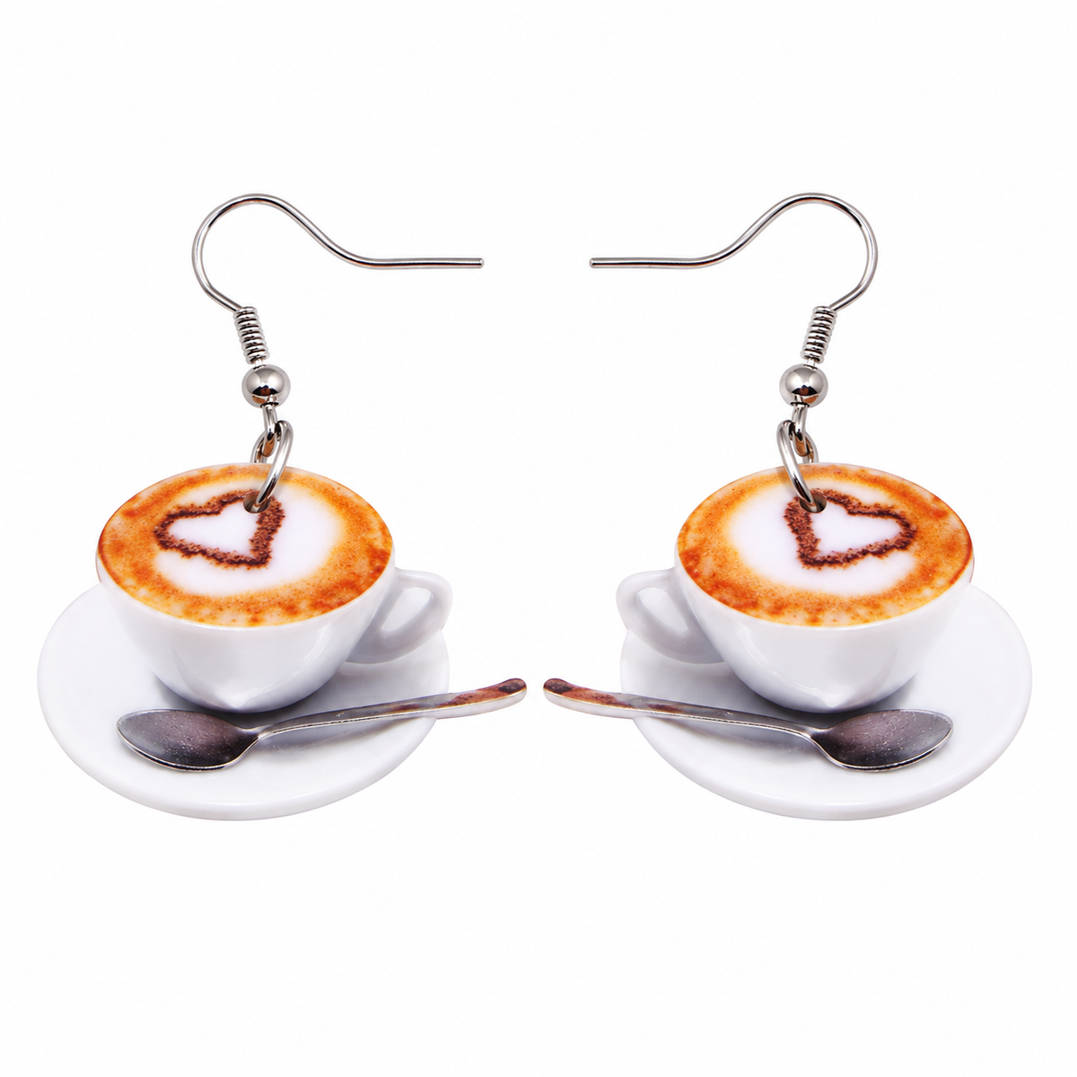 Coffee cup earrings pair with mirrored spoon details, white cups with brown heart latte art