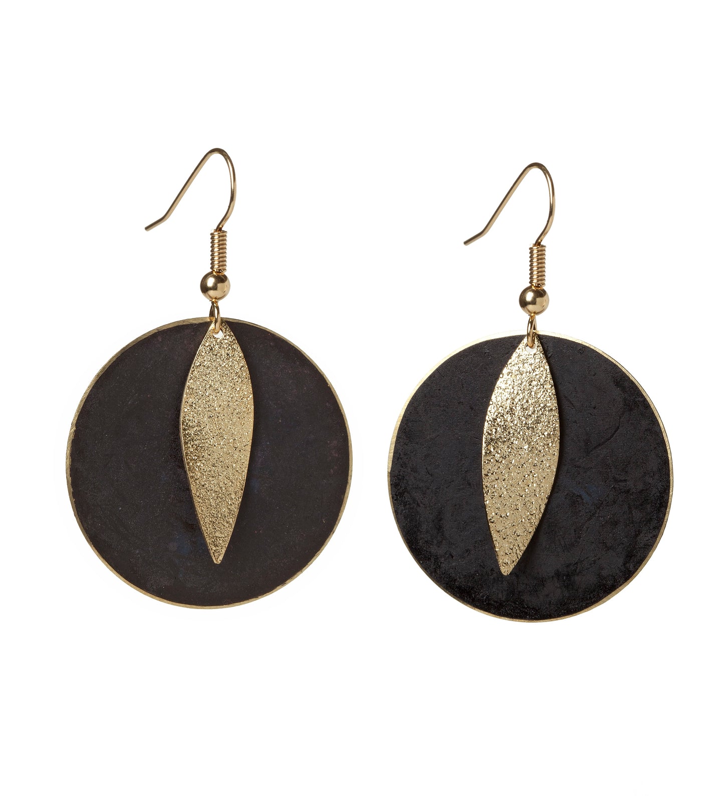 Goldtone Disk Drop Earrings In Turquoise Patina With Gold Leaf Accent