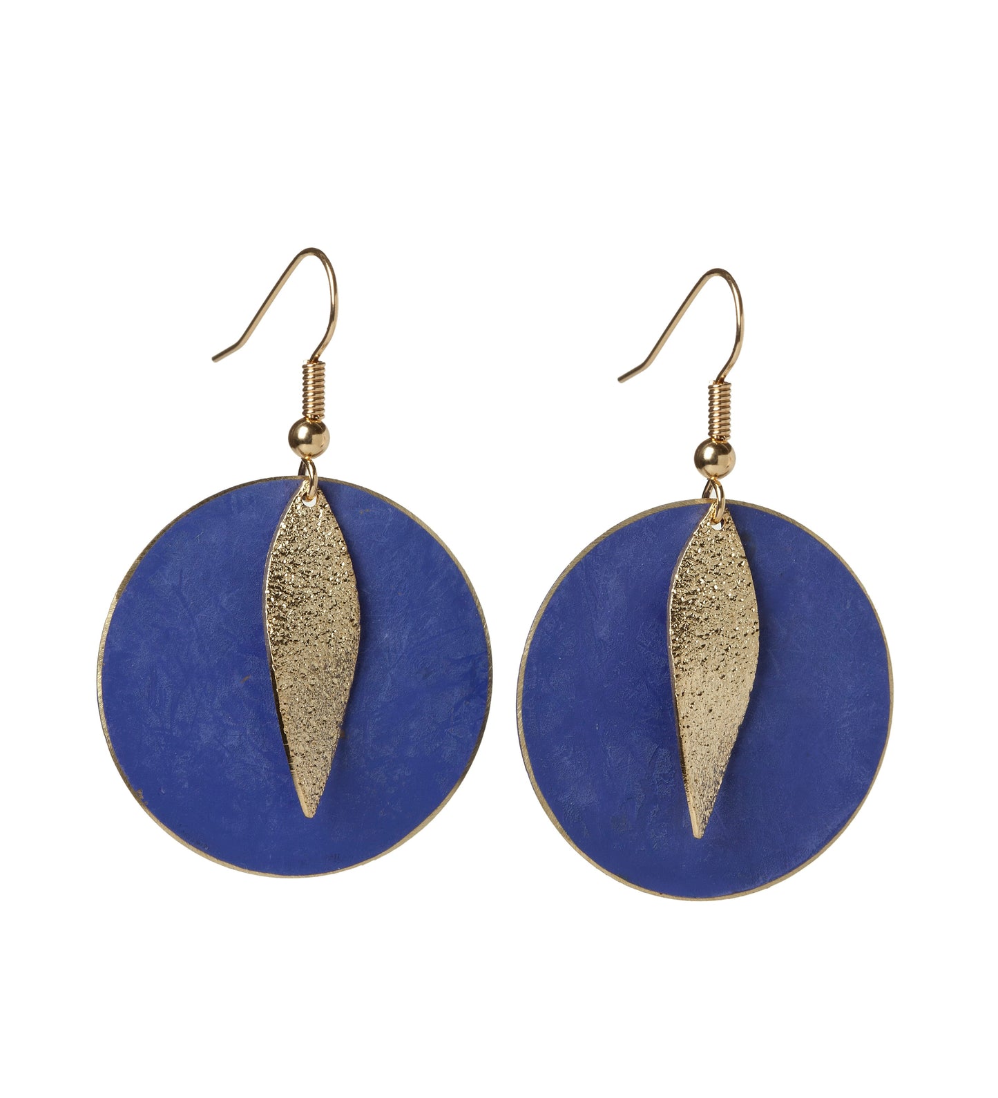 Goldtone Disk Drop Earrings In Turquoise Patina With Gold Leaf Accent