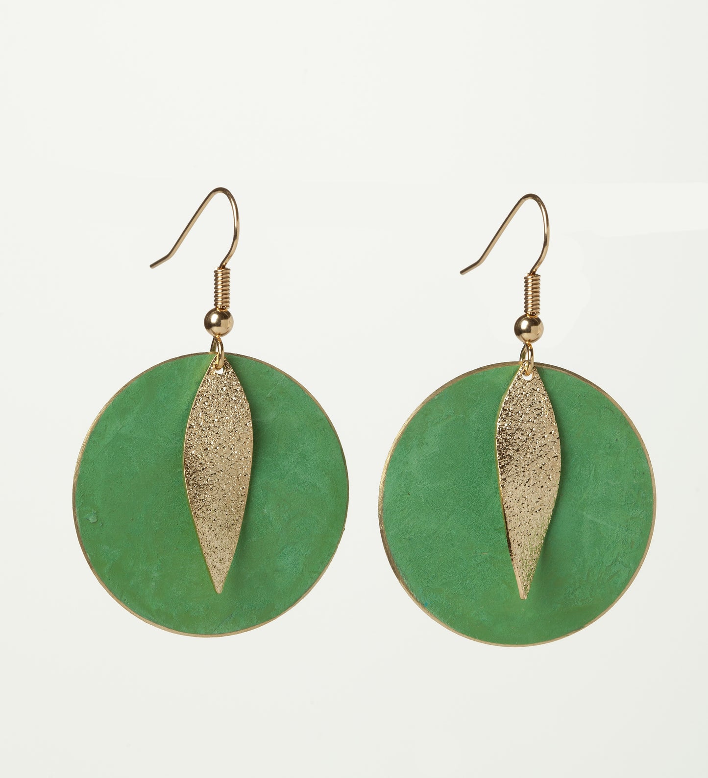 Goldtone Disk Drop Earrings In Turquoise Patina With Gold Leaf Accent