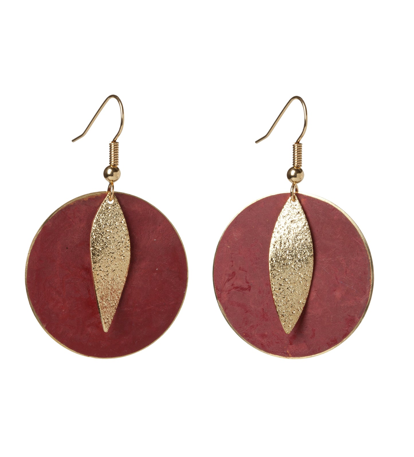 Goldtone Disk Drop Earrings In Turquoise Patina With Gold Leaf Accent