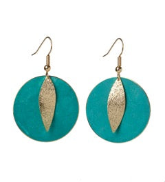 Goldtone Disk Drop Earrings In Turquoise Patina With Gold Leaf Accent