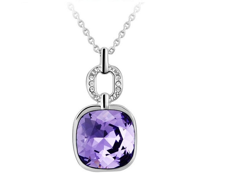 Rhodium Plated Cushion Cut Link Necklace with Swarovski Crystals in Tanzanite