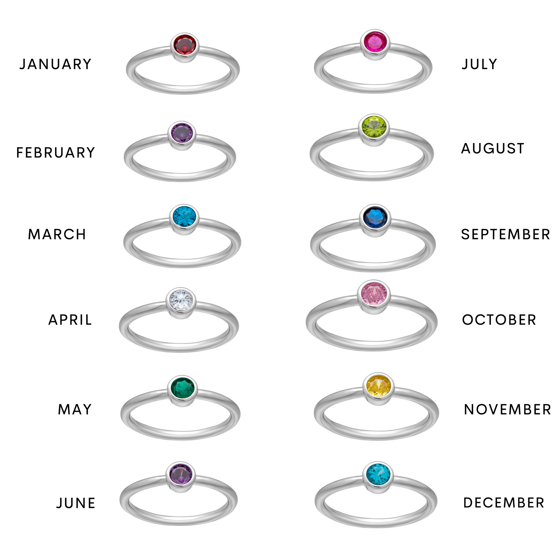CZ Birthstone Ring Chart – 12 Months Silver-Tone Rings with Color Guide