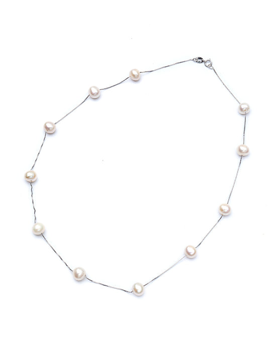 White Freshwater Pearl Station Chain Necklace
