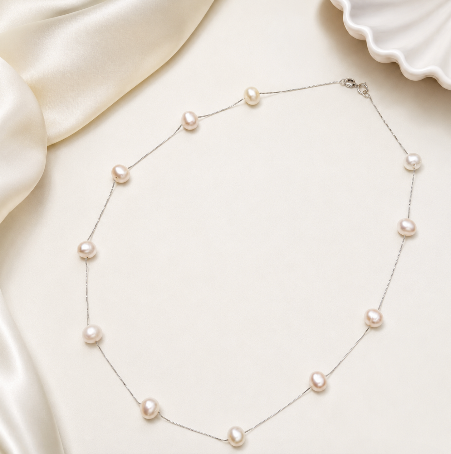 White Freshwater Pearl Station Chain Necklace (62818-10)