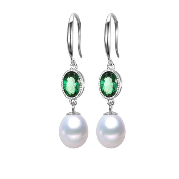 White Freshwater Pearl Drop Earrings With Oval Cubic Zirconia (92922-7)