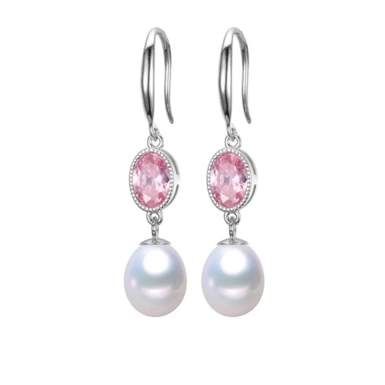 White Freshwater Pearl Drop Earrings With Oval Cubic Zirconia (92922-7)