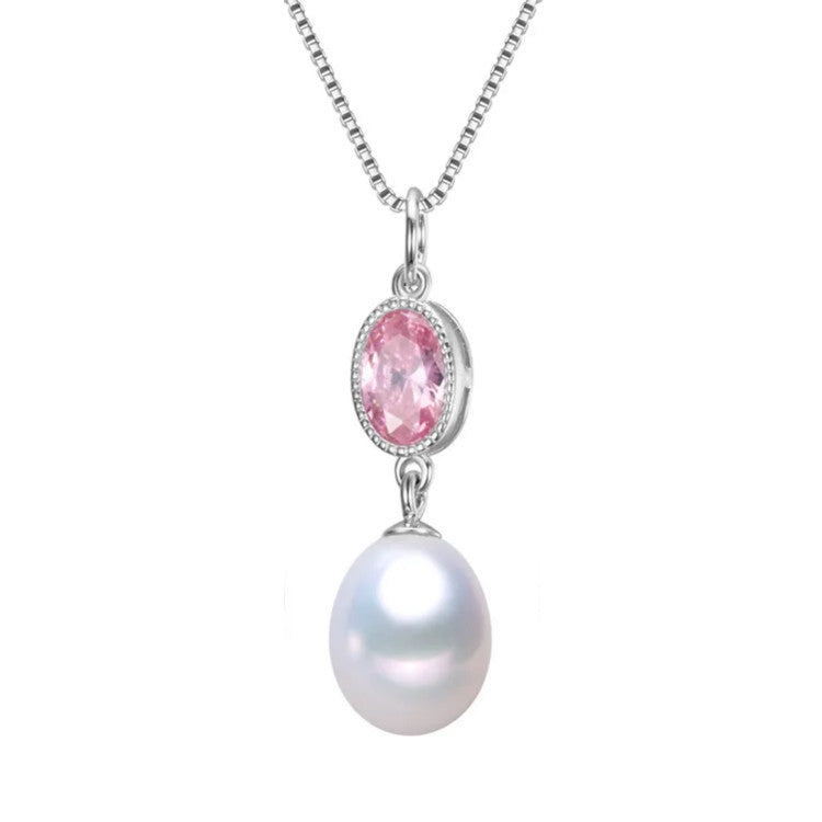 Sterling Silver & Oval CZ Necklace with White Freshwater Pearl - Signature Pearls