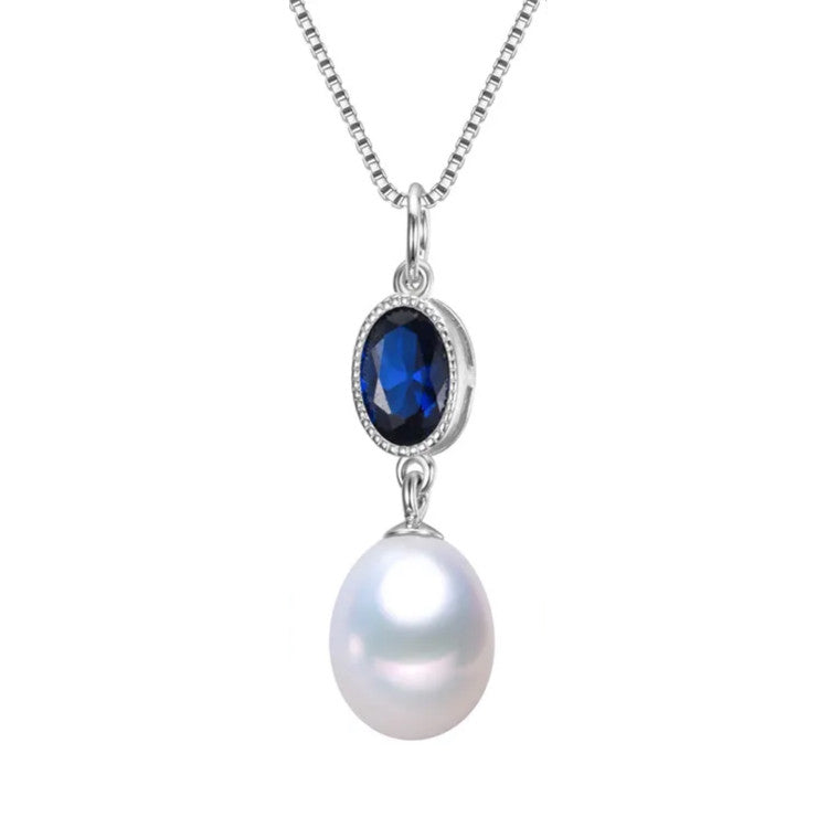 Sterling Silver & Oval CZ Necklace with White Freshwater Pearl - Signature Pearls