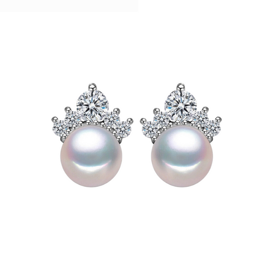 White Freshwater Pearl Stud Earrings With Cubic Zirconia Crown