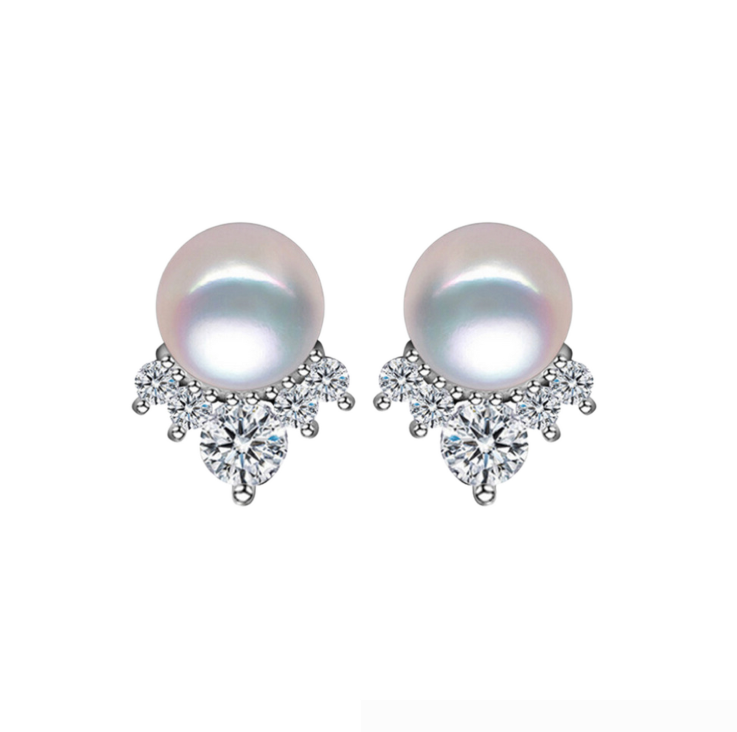 White Freshwater Pearl Stud Earrings With Cubic Zirconia Crown