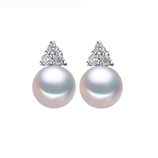 White Freshwater Pearl Stud Earrings With Triangle Cubic Zirconia