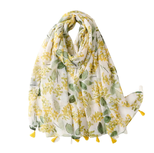 Yellow And Leafy Scarf With Tassels