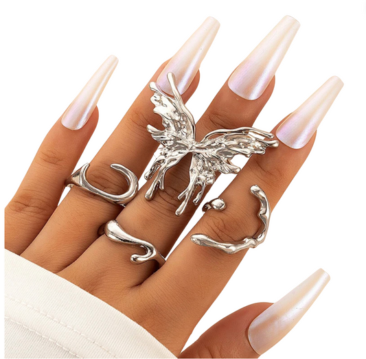 Silvertone Butterfly and Branches Ring Set