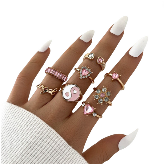 Goldtone Pink Crystal Yin Yang Midi Ring Set - Adjustable Sizes 4-7