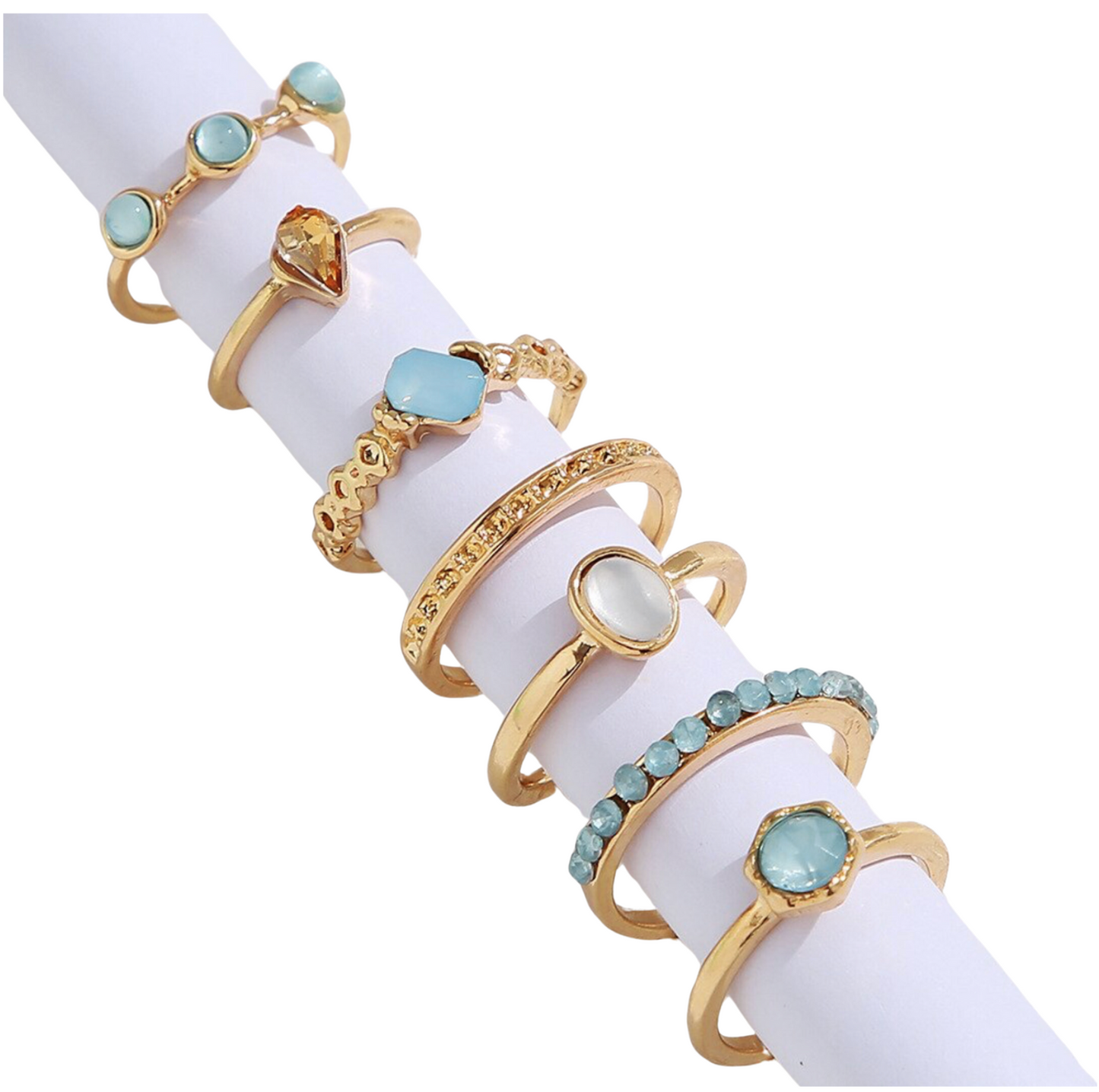 Goldtone Light Blue Crystal Midi Ring Set