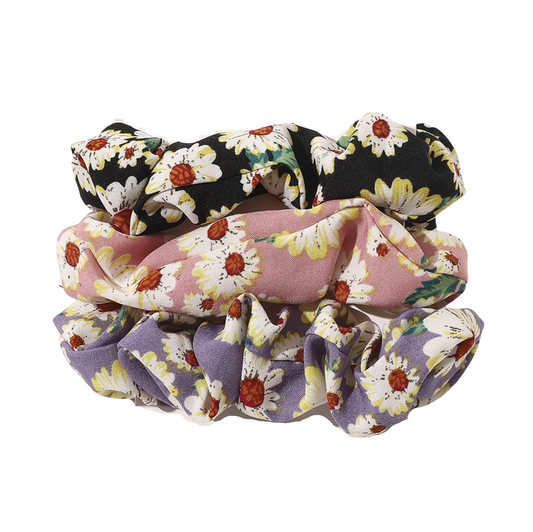 Black, Pink Purple Floral Set Of 3 Scrunchies