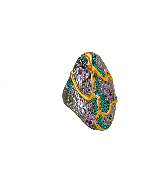 Black Multi Colored Goldtone Statement Ring