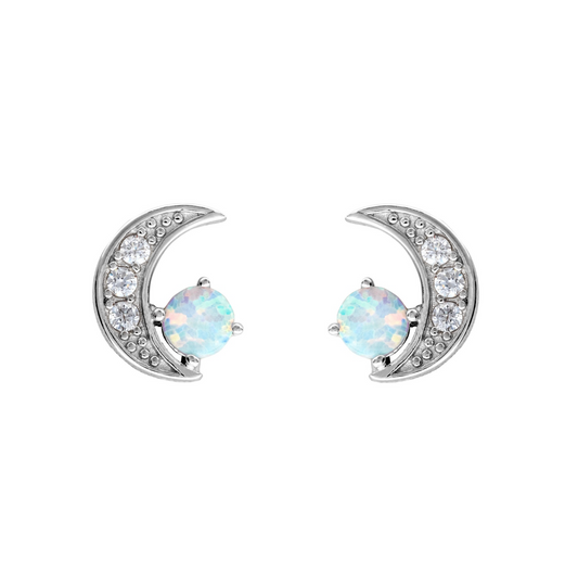 Sterling Silver Cubic Zirconia White Opal Crescent Moon Stud Earrings