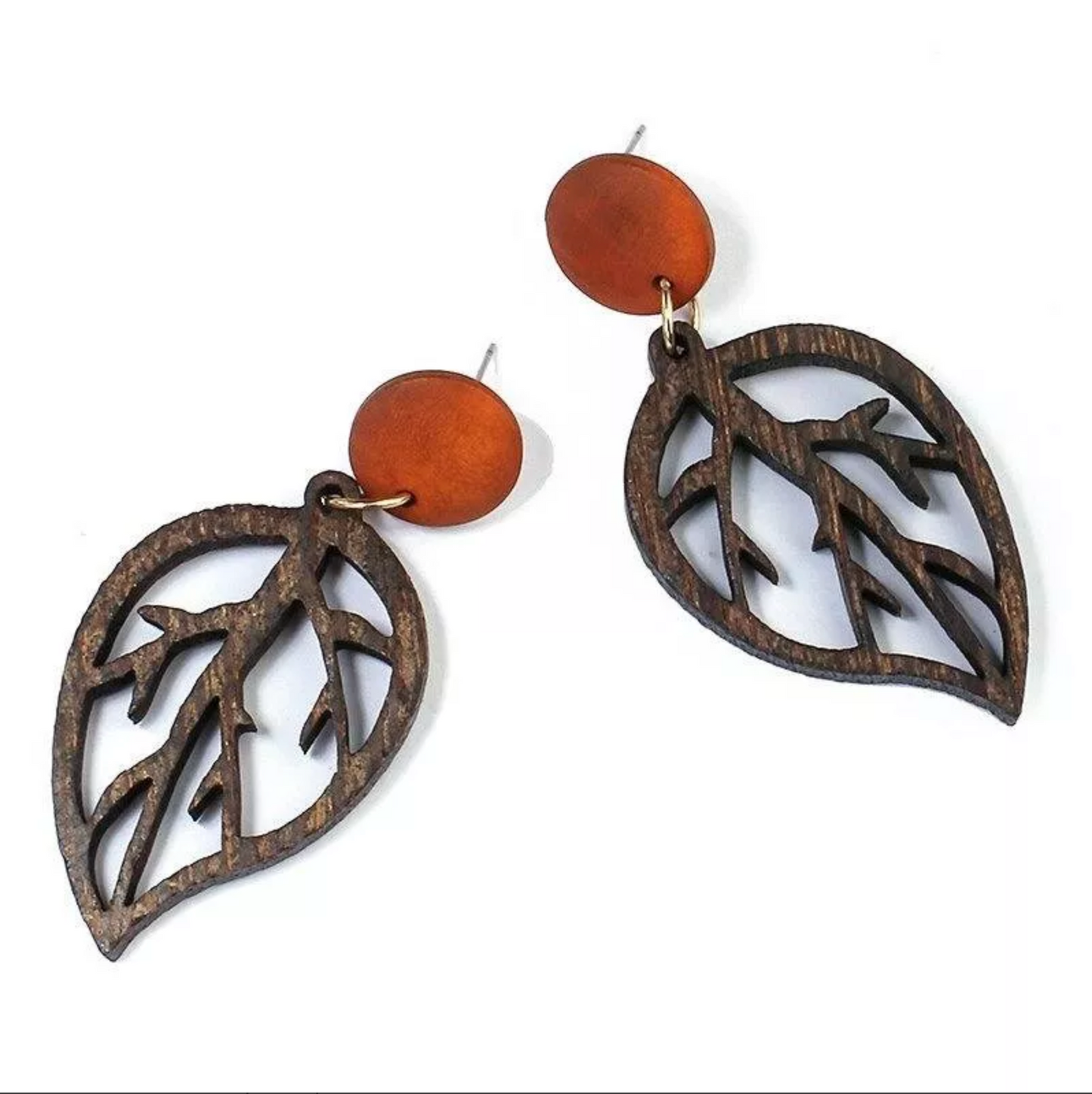 Brown Wooden Leaf Cutout Earrings