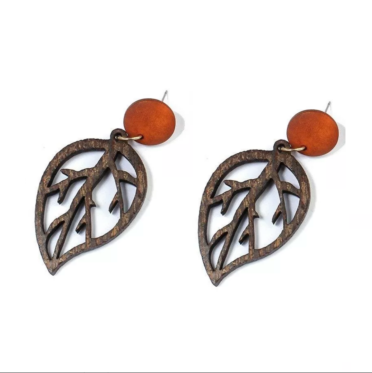 Brown Wooden Leaf Cutout Earrings