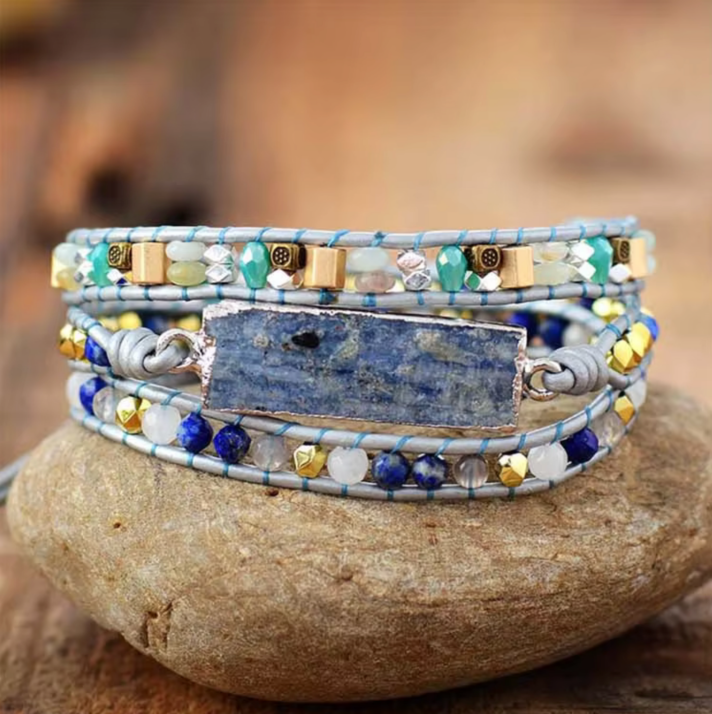 Natural Aquamarine Rectangular Stone Leather Beaded Wrap Bracelet