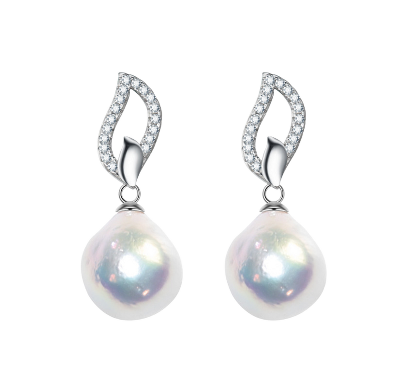 White Freshwater Pearl Cubic Zirconia Leaf Earrings