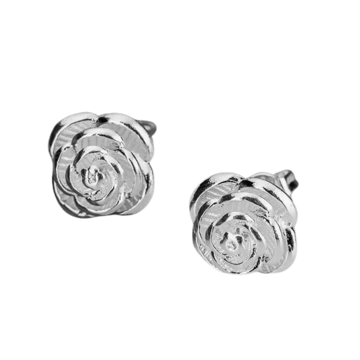 Silver-coloured rose stud earrings with layered petal details