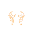 Pair of goldtone crescent moon earrings with cubic zirconia and star chain drops