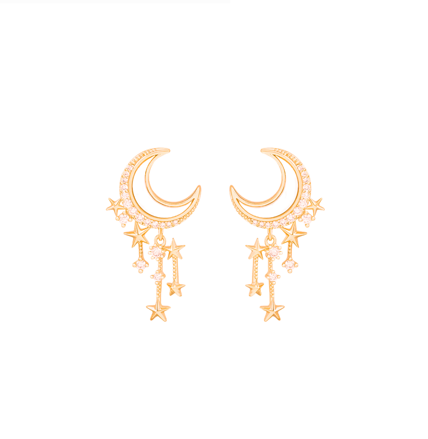 Goldtone Cz Crescent Moon And Star Chain Earrings - In Gift Box