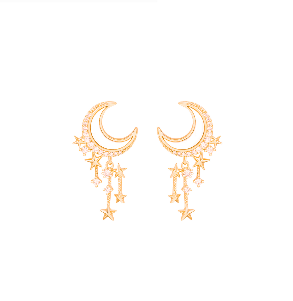 Pair of goldtone crescent moon earrings with cubic zirconia and star chain drops