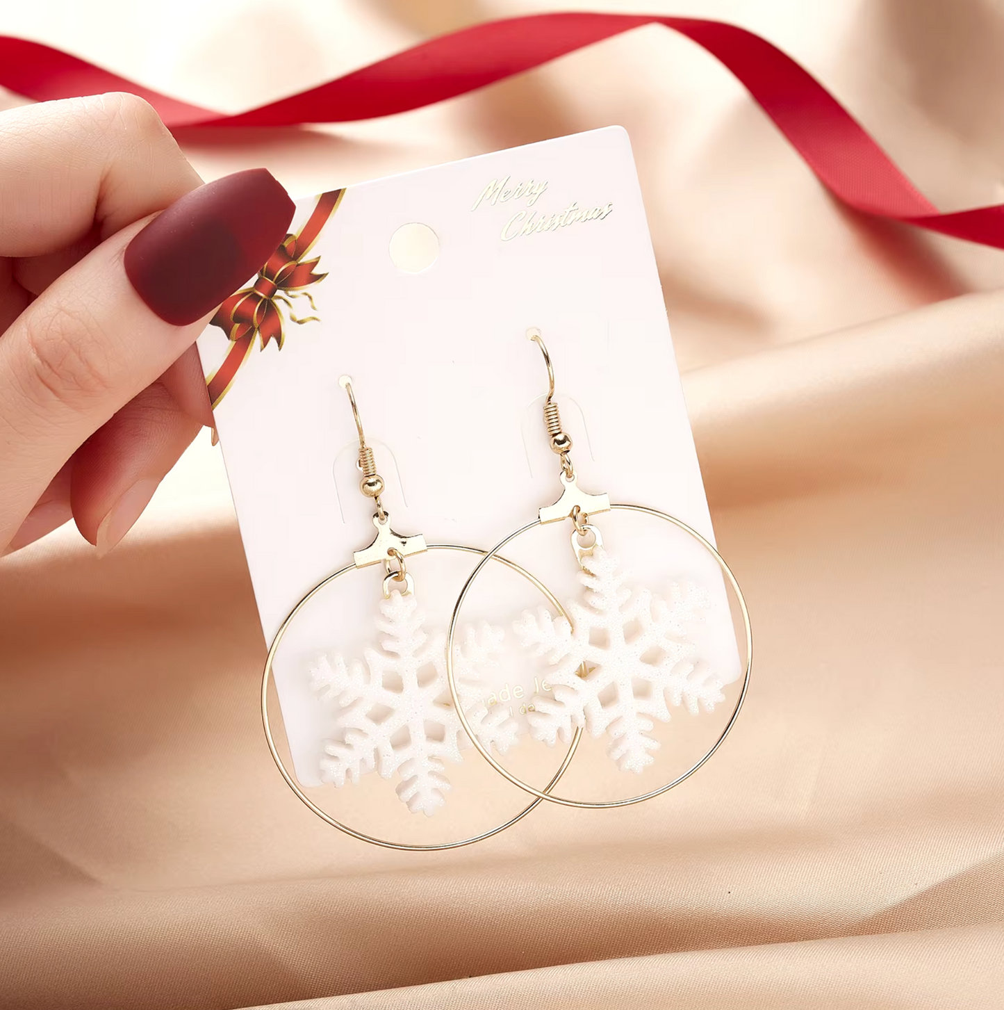 White Glittery Snowflake Goldtone Hoop Earrings