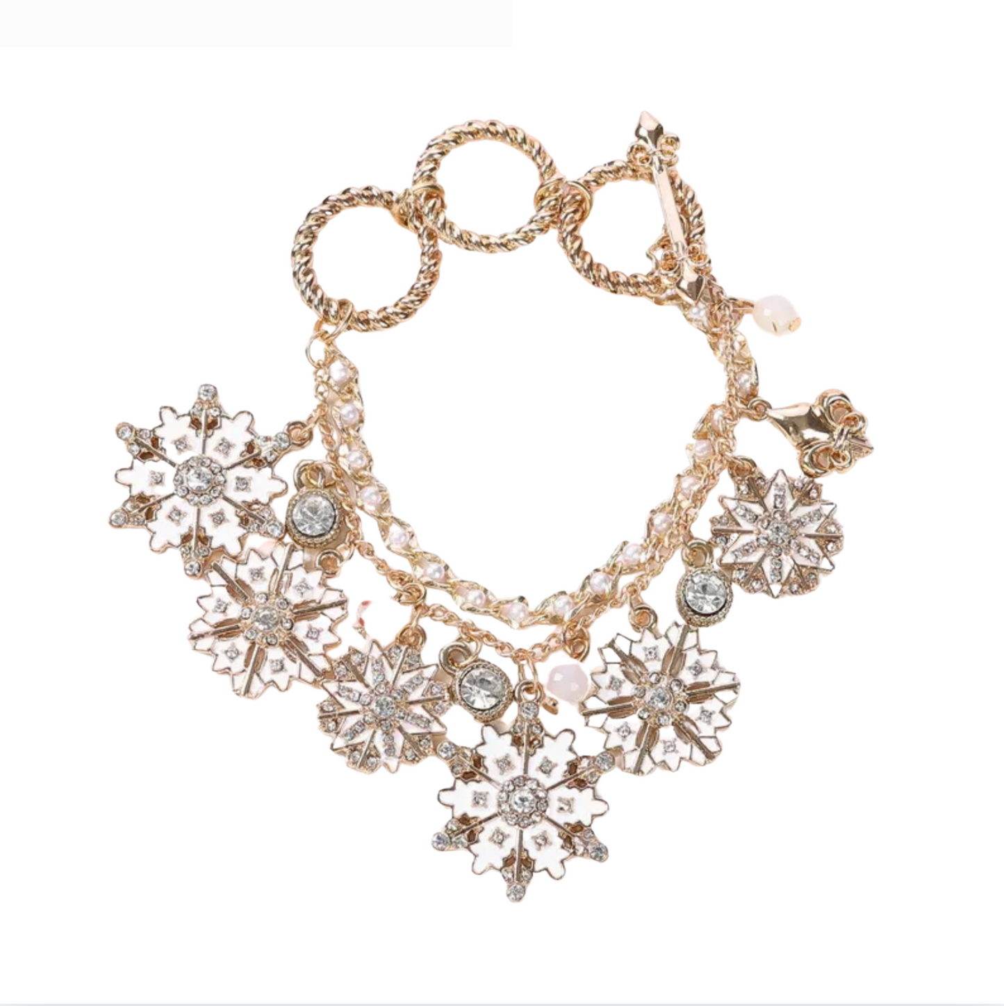 White and Goldtone Snowflake Charm Toggle Bracelet