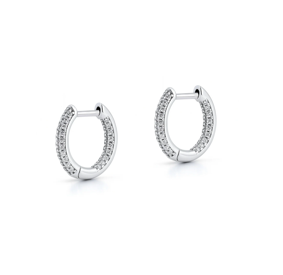 Sterling Silver CZ Hoop Earrings – Clear Cubic Zirconia – Rhodium Plated