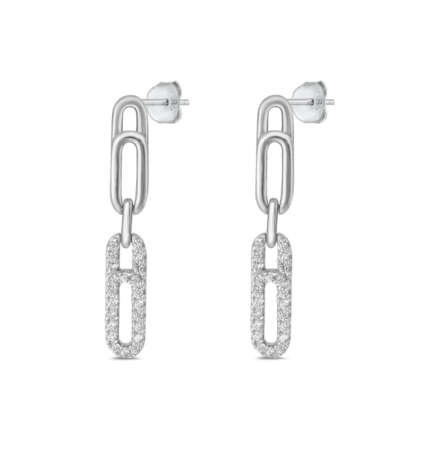 Sterling Silver CZ Paperclip Drop Earrings – Clear Cubic Zirconia – Rhodium Plated