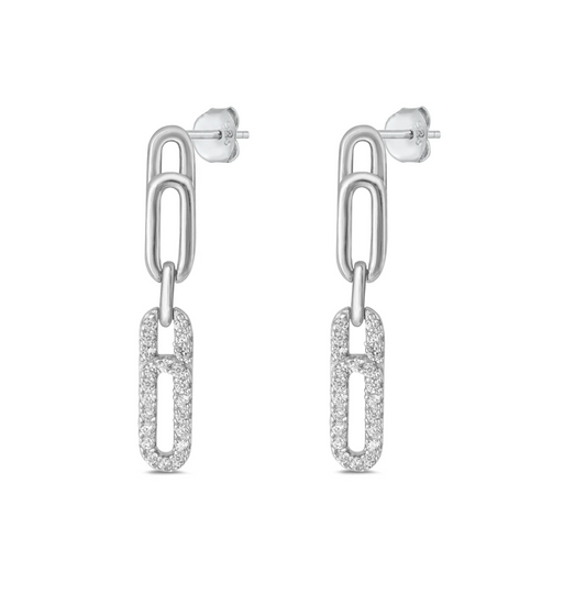 Sterling Silver CZ Paperclip Drop Earrings – Clear Cubic Zirconia – Rhodium Plated