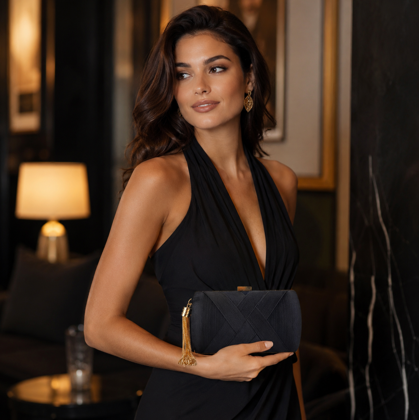 Goldtone And Black Clutch With Tassel